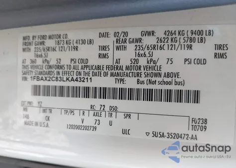 2020 Ford Transit-350 Passenger Van Xlt z USA, uszkodzony, nr VIN 1FBAX2C83LKA43211